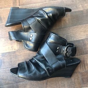 Aldo Black Peep Toe Slingback Wedge Shoes Sz 38/7.5